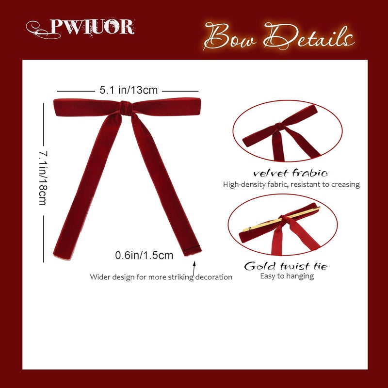 Pwiuor 30 Pcs Burgundy Velvet Christmas Tree Bows Decorations, Vintage Velvet Ribbon Bows with Twist Tie for Wreath Garland Gift Wrapping Indoor Outdoor Decor - Image 2